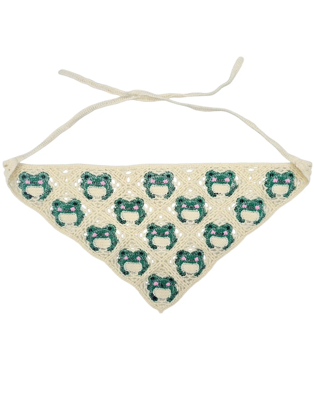 Crochet Frog Bandana Head Scarf Cream Green Cottagecore Fairy Grunge Goblincore